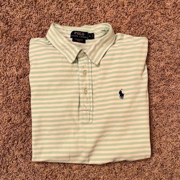 Polo Ralph Lauren Mens Featherweight Mesh Green/White Striped Polo Sz L EUC - Picture 2 of 8